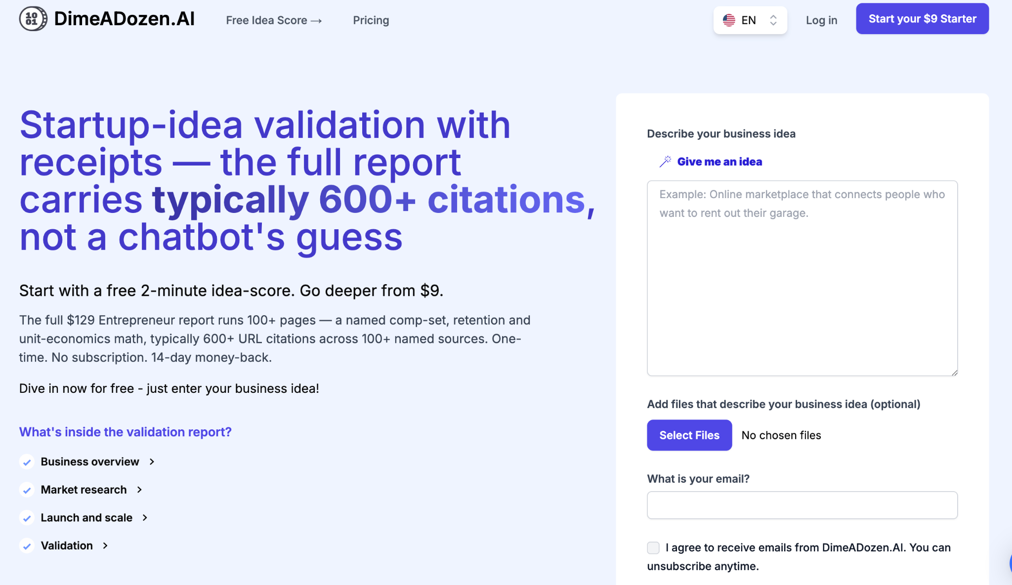 DimeADozen AI homepage presenting a citation-backed startup idea validation report.