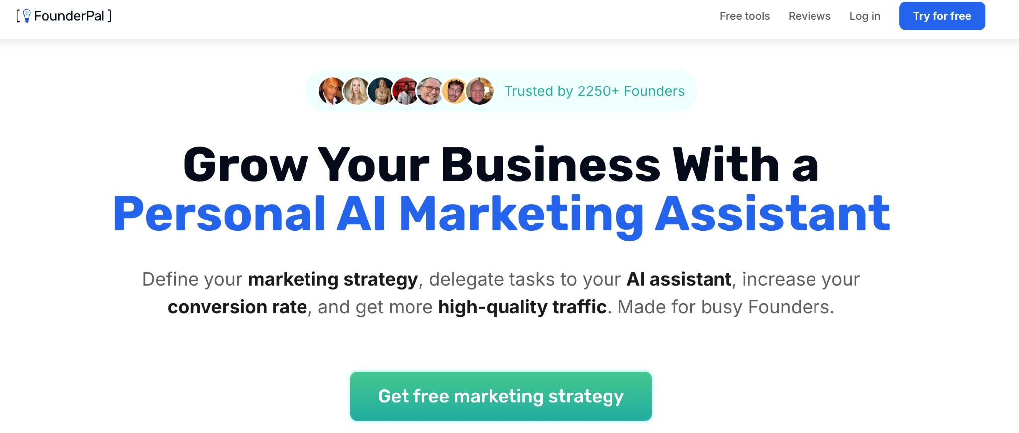 FounderPal homepage presenting its personal AI marketing assistant and free marketing tools.