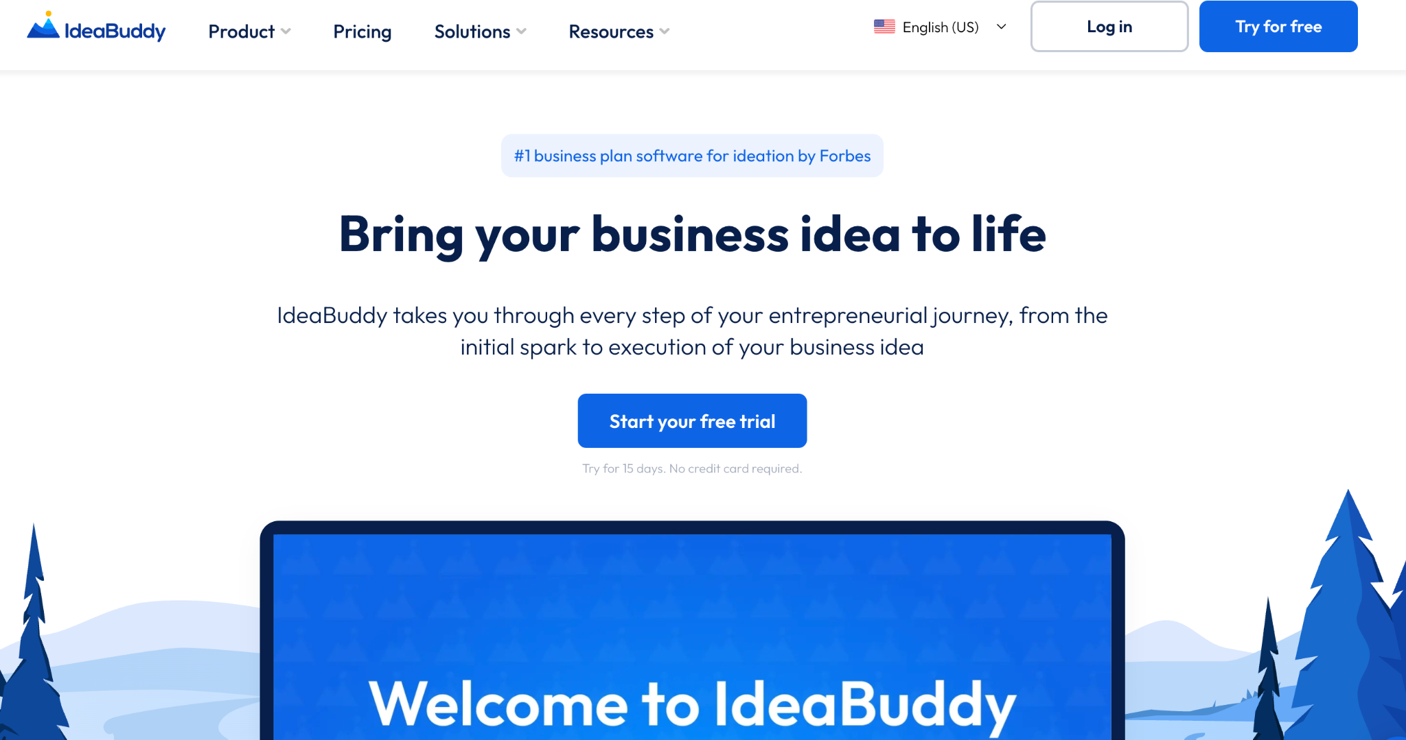 IdeaBuddy homepage presenting its business planning and idea development workflow.