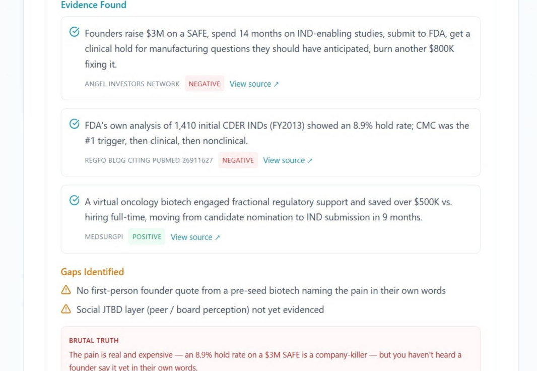 NELL DeepValidate evidence section showing sourced findings, evidence gaps and a brutal-truth summary.