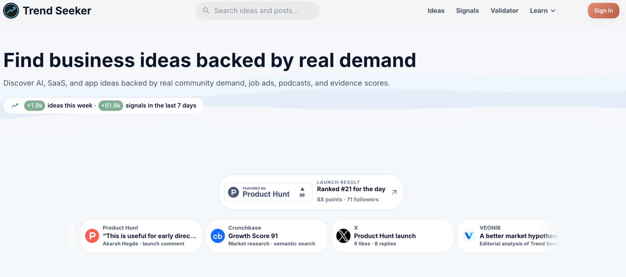 Trend Seeker homepage presenting business idea validation backed by demand signals.