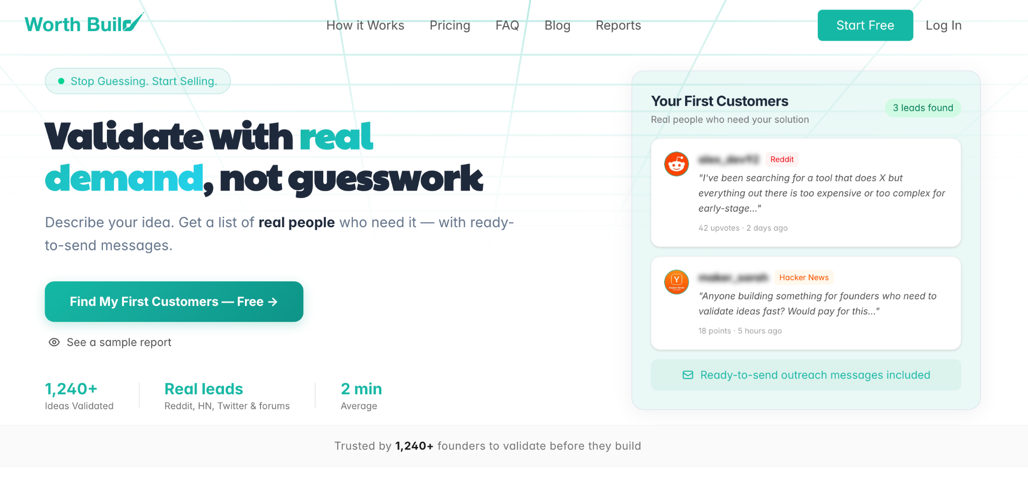 WorthBuild homepage presenting startup validation with demand signals and potential users.