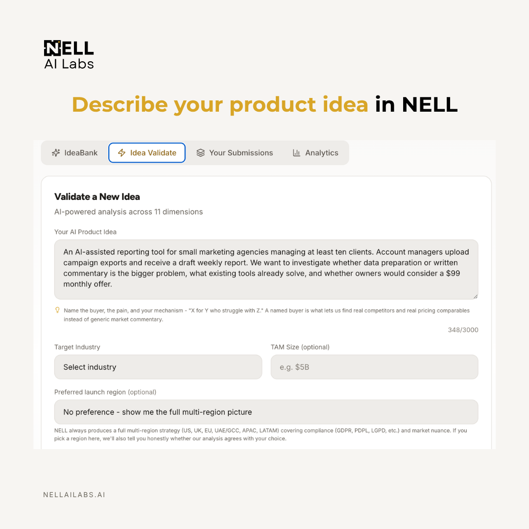 NELL idea-validation input screen showing a specific SaaS product description, target industry and optional market-size and launch-region fields.