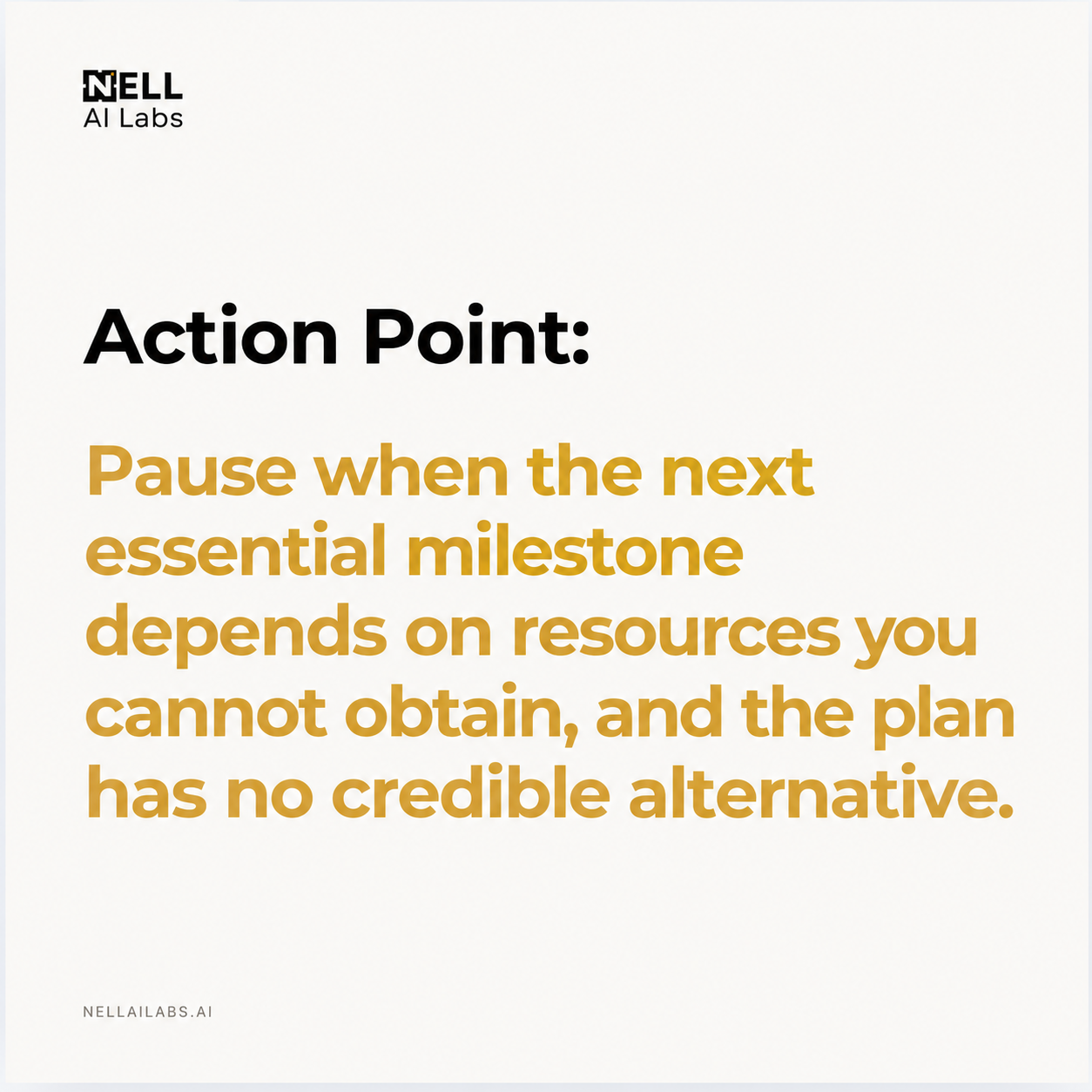 NELL action point 7: Pause when the next essential milestone depends on resources you cannot obtain, and the plan has no credible alternative.
