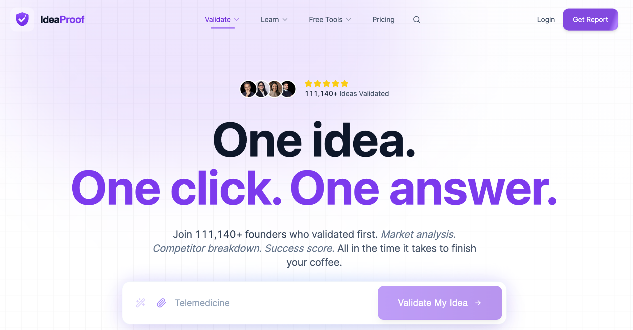 IdeaProof homepage presenting its one-click idea validation and market-analysis workflow.