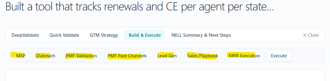 NELL Build and Execute surface showing seven launch playbooks for MSP, outreach, PMF validation, paid channels, lead generation, sales and MRR execution.