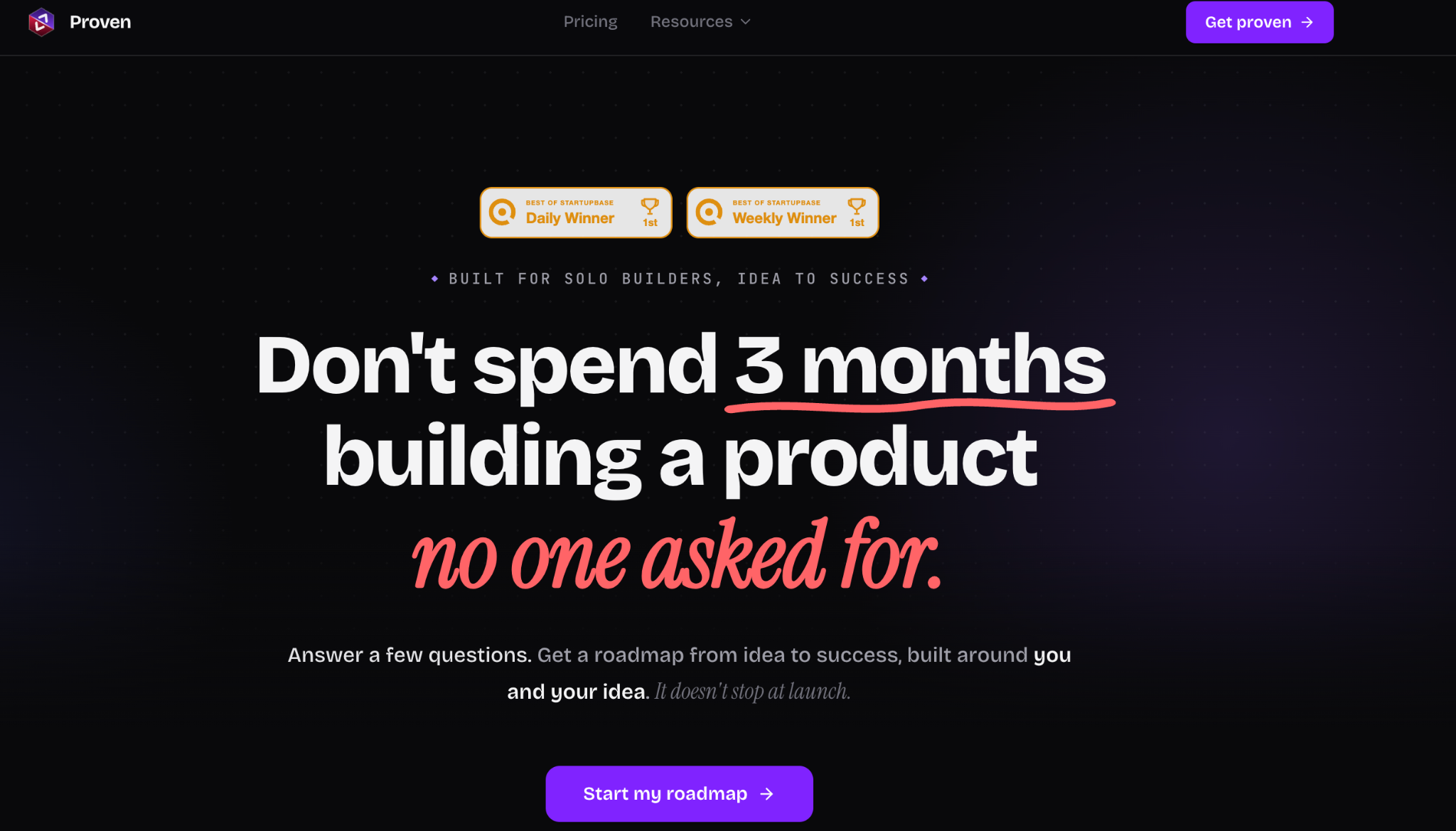 Proven homepage presenting a source-linked founder brief and roadmap for validating an idea before building.