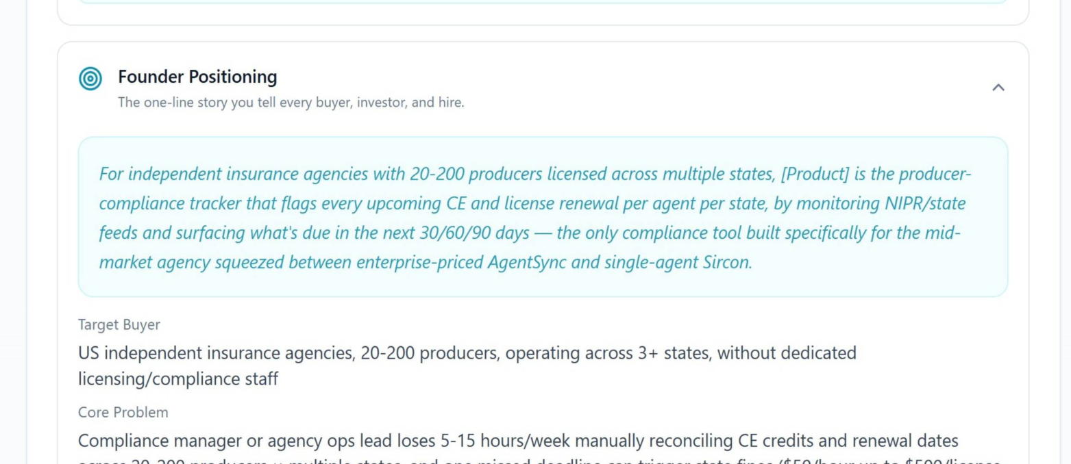 NELL founder positioning output showing a one-line positioning statement and message variants for a specific buyer.