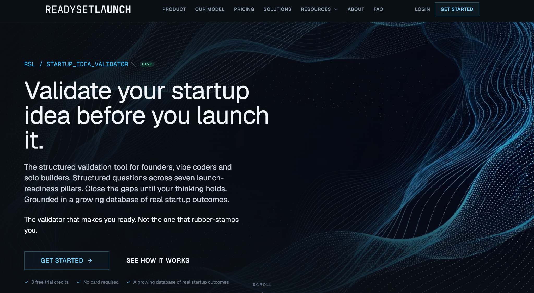 ReadySetLaunch homepage presenting a structured launch-readiness validation process for startup ideas.