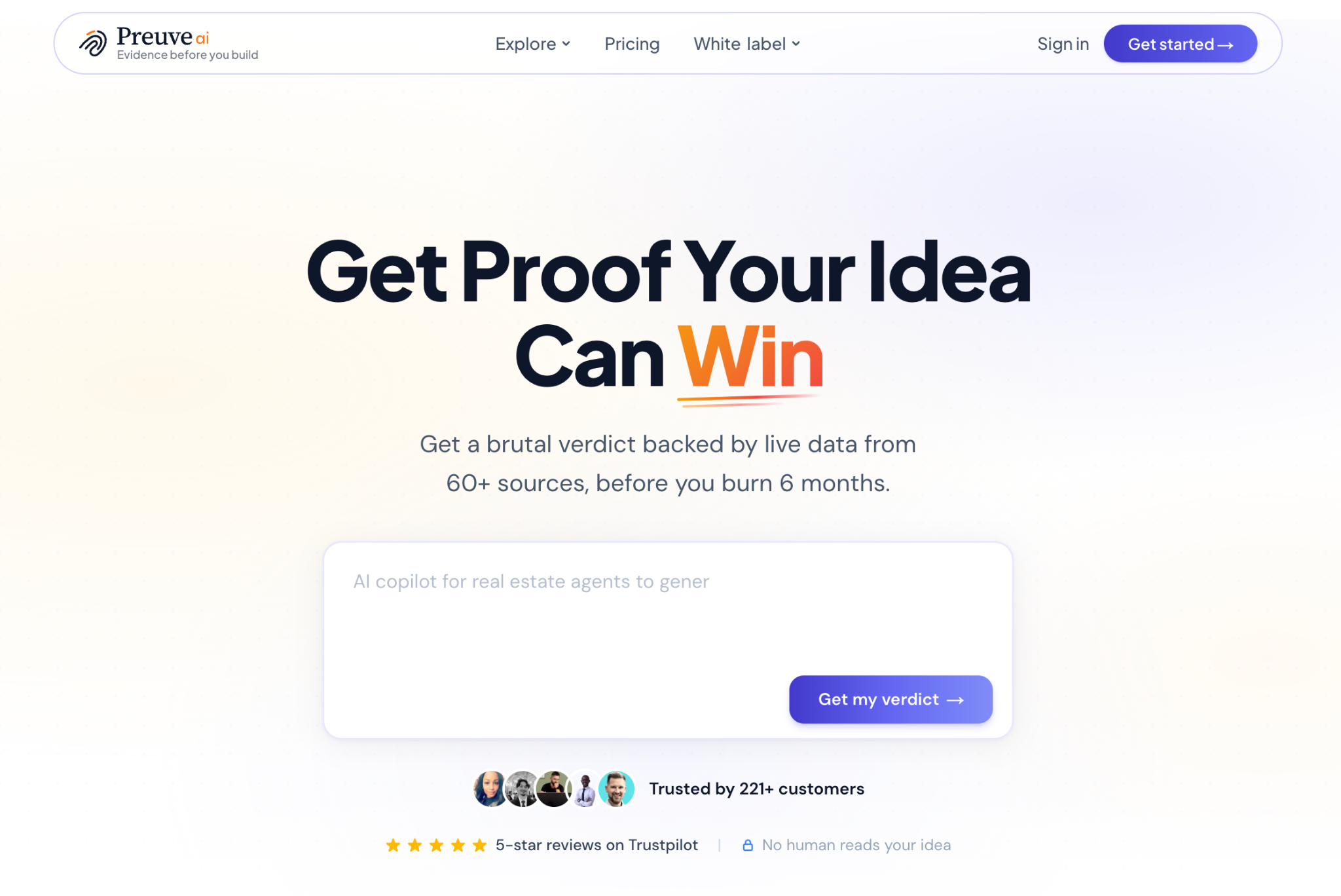 Preuve AI homepage advertising a sourced startup idea verdict backed by data from live sources.