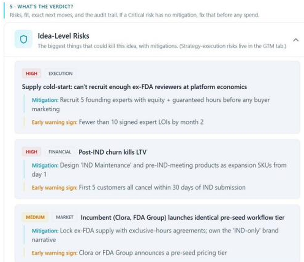 DeepValidate Idea-Level Risks section ranking key risks with mitigations and early-warning signs.