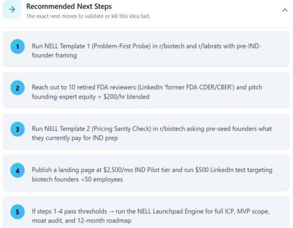 DeepValidate Recommended Next Steps section showing five sequenced experiments with clear gates before further investment.