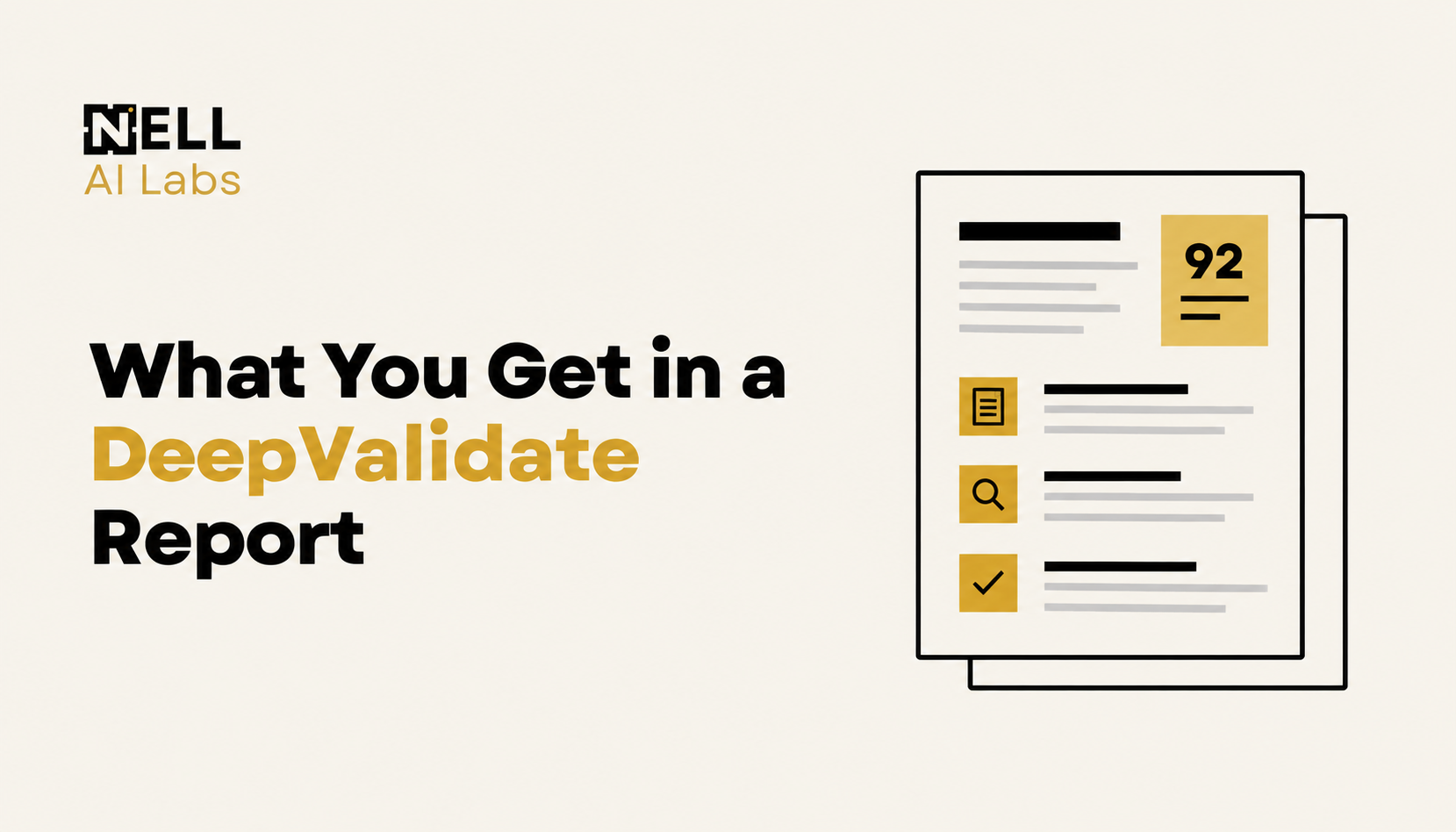 Cover for What You Get in a DeepValidate Report, with an illustrated report, score panel, research and decision icons.