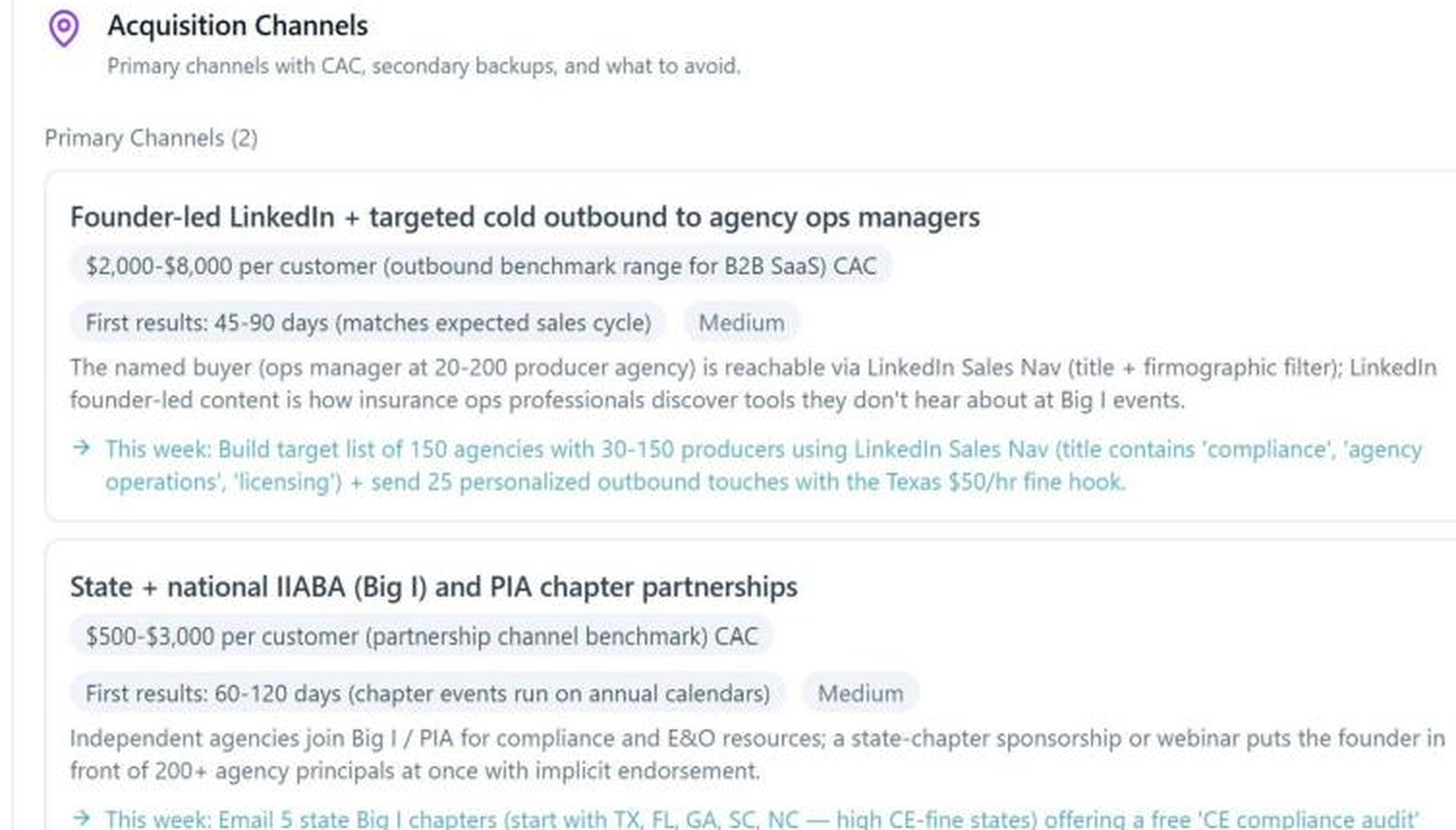 NELL acquisition channels section showing founder-led LinkedIn outbound and industry partnerships with CAC ranges and first-week actions.