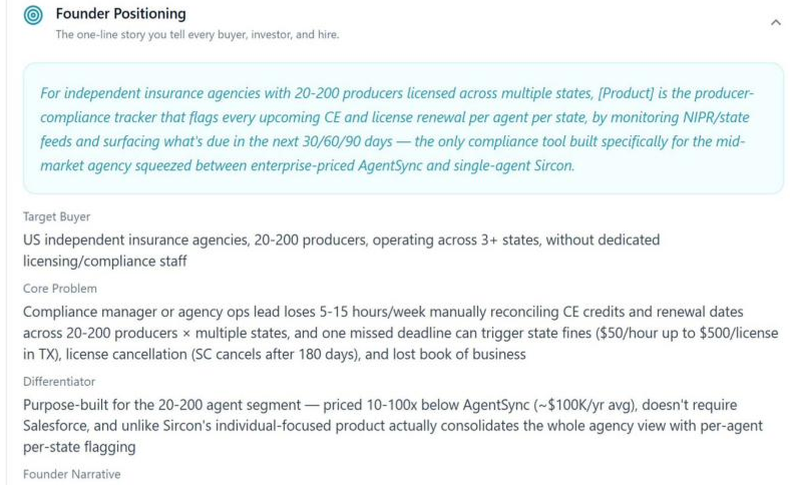 NELL founder positioning section showing a one-line positioning statement with the target buyer, core problem, and differentiator.