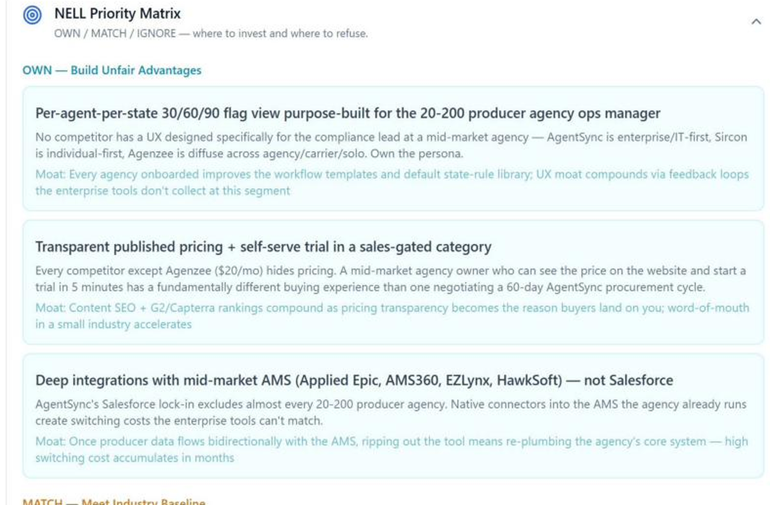 NELL priority matrix showing what to own, what to match, and what to ignore when allocating product effort.