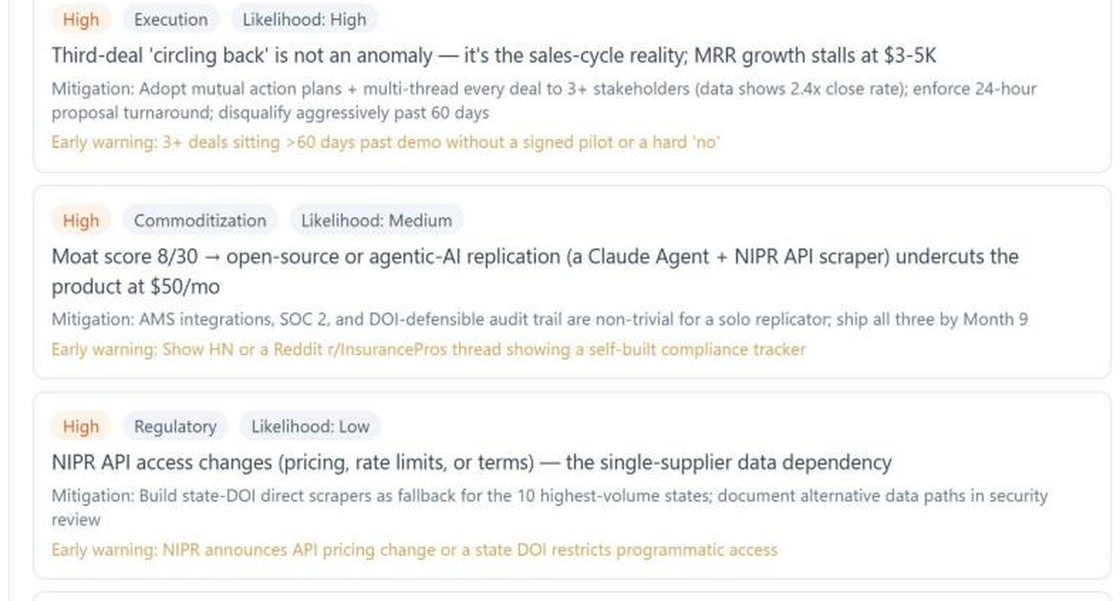 NELL GTM risk register showing severity, likelihood, mitigations, and early-warning signals for sales cycle, AI, data, and runway risks.