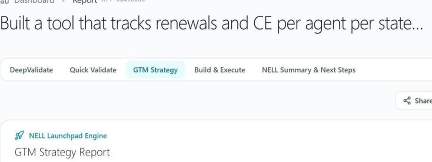 NELL Launchpad Engine header showing the GTM Strategy Report inside the larger NELL Builder workspace.