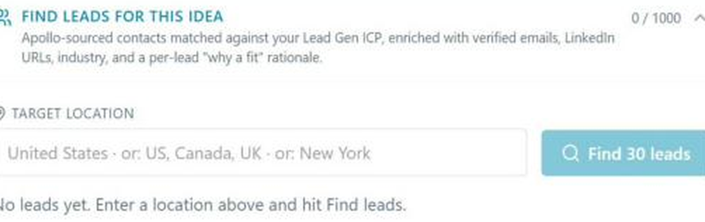 NELL Lead Gen lead-search screen for pulling Apollo-sourced ICP-matched contacts with a target location and enriched lead data.