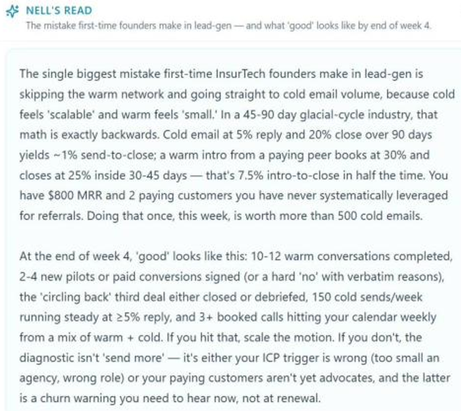 NELL Lead Gen founder read explaining the biggest first-time lead-generation mistake and defining a good week four in measurable numbers.