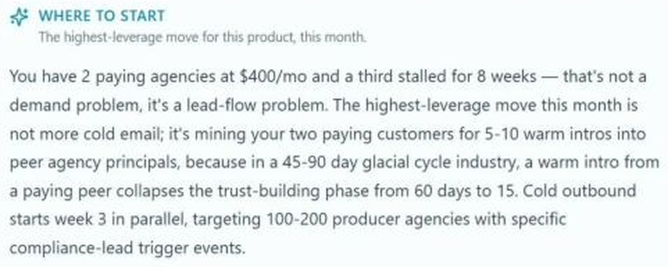 NELL Lead Gen recommendation identifying warm introductions from two paying customers as the highest-leverage move before cold outreach.