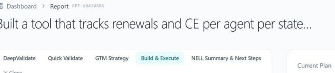 NELL Pro Builder report header showing the connected DeepValidate, Quick Validate, GTM Strategy, Build and Execute, and summary tabs, with Lead Gen inside the Build and Execute layer.