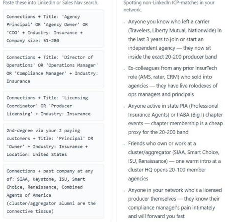 NELL Lead Gen ICP targeting screen with copy-paste LinkedIn Sales Navigator searches and non-LinkedIn signals for insurance agency principals and operations buyers.