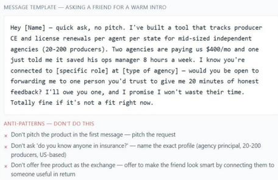 NELL Lead Gen warm-introduction request template with the anti-patterns founders should avoid in the first message.