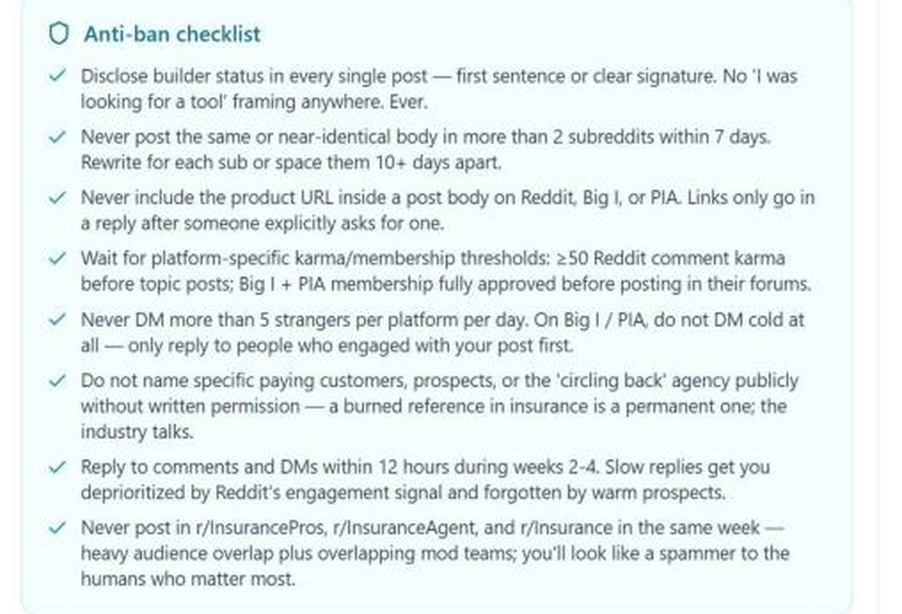 NELL PMF Validation Playbook anti-ban checklist covering disclosure, reposting limits, links, karma thresholds, DM caps, customer privacy, and reply timing.