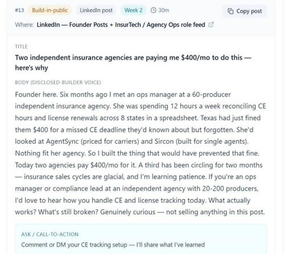 NELL PMF Validation Playbook build-in-public LinkedIn post using two paying insurance agencies as the traction hook.