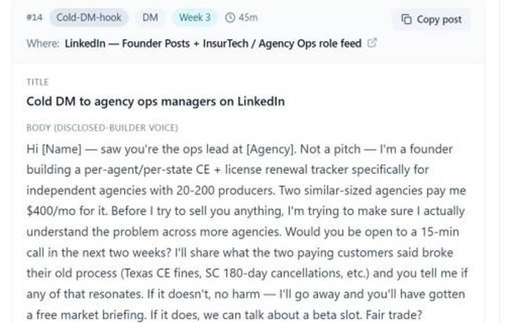 NELL PMF Validation Playbook cold DM script for agency operations managers that discloses founder status and asks for a short research call.