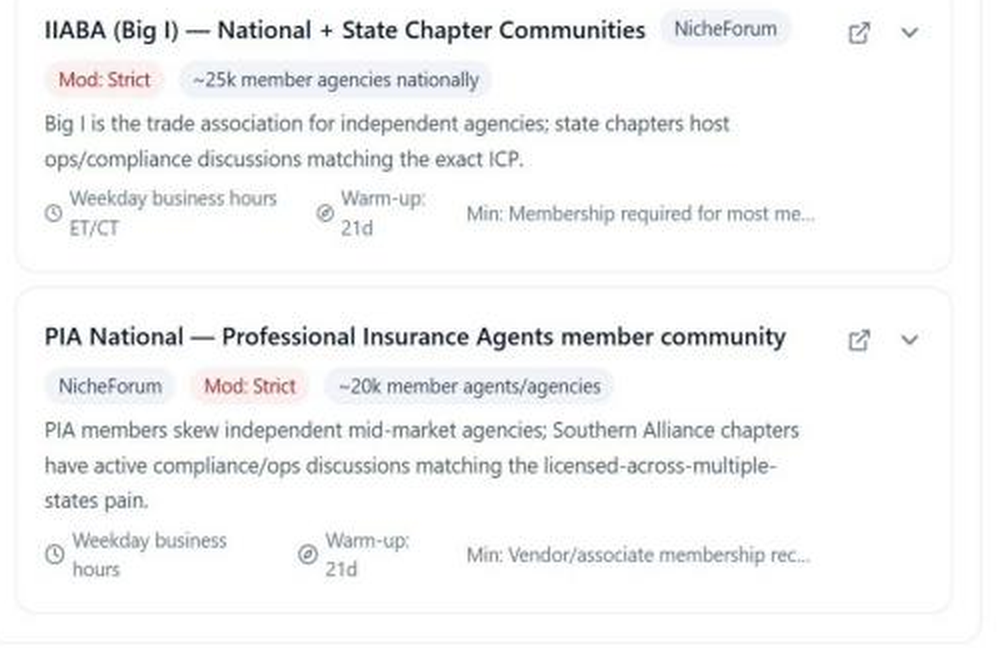 NELL PMF Validation Playbook showing IIABA and PIA insurance member communities with moderation and membership guidance.