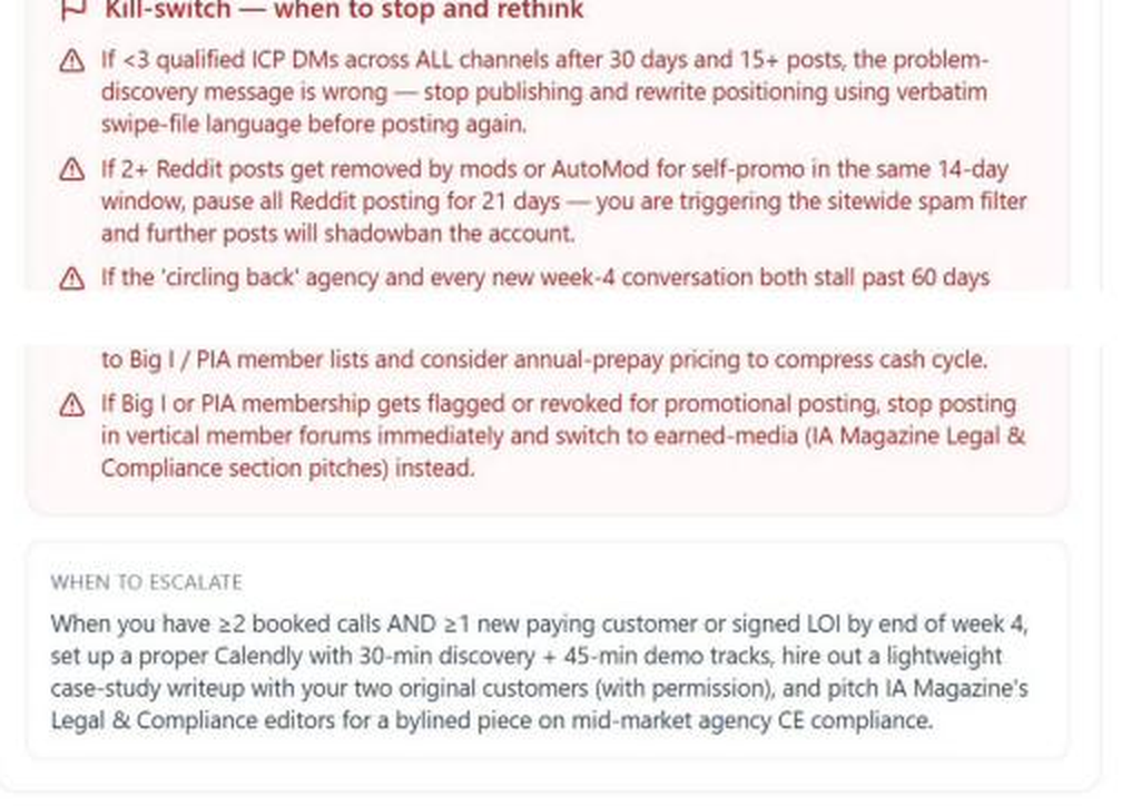 NELL PMF Validation Playbook kill-switch conditions for weak ICP signals and escalation criteria for strong traction.