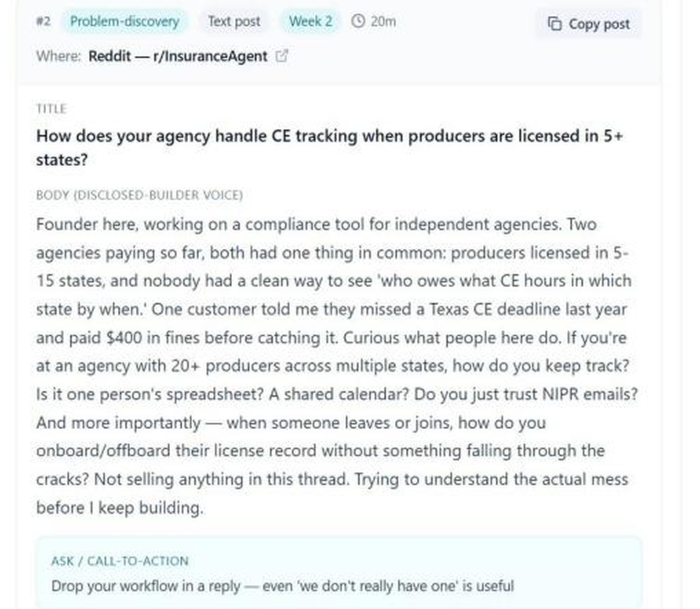 NELL PMF Validation Playbook problem-discovery post written for an insurance-agent community with its call to action and expected response signal.