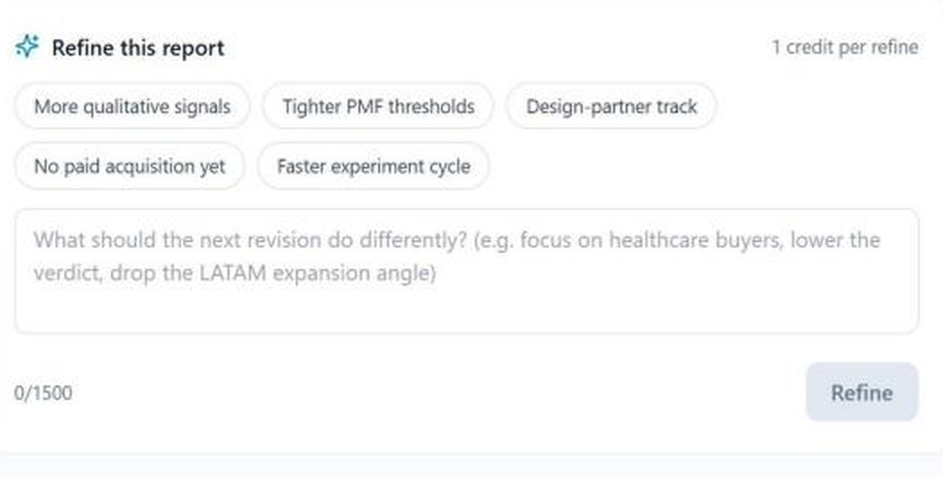 NELL PMF Validation Playbook refine-report controls for changing qualitative signals, PMF thresholds, acquisition constraints, and experiment cycles.