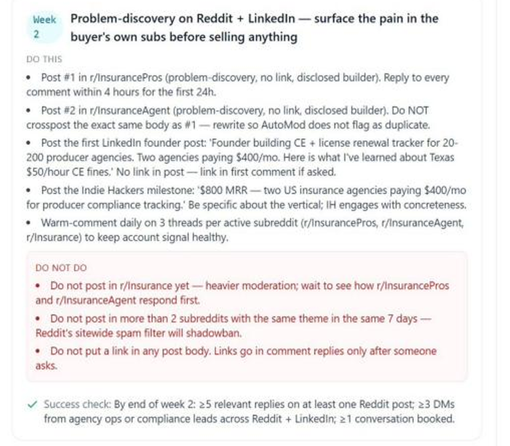 NELL PMF Validation Playbook week-two execution plan with do-this actions, do-not-do rules, and a success check.