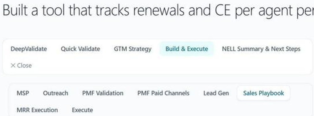 NELL Build and Execute screen showing Sales Playbook alongside MSP, Outreach, PMF Validation, Paid Channels, Lead Gen, MRR Execution and Execute tabs.