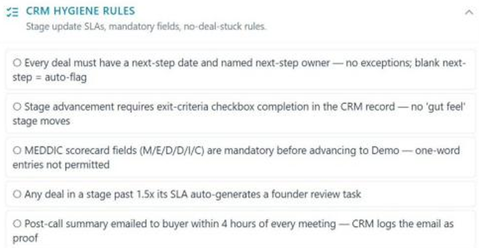NELL Sales Playbook CRM hygiene rules requiring next-step dates, exit criteria, MEDDIC fields, stale-deal review tasks and stage downgrades for circling-back responses.