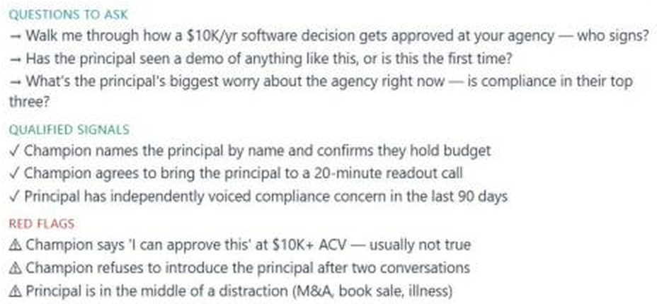 NELL Sales Playbook Economic Buyer section with approval questions, qualified buying signals and red flags that reveal whether the champion can actually sign.