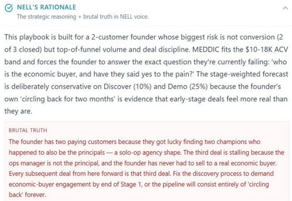 NELL Sales Playbook rationale explaining the founder's survivorship bias, the third stalled deal and the brutal truth that economic-buyer engagement must happen by the end of Stage 1.